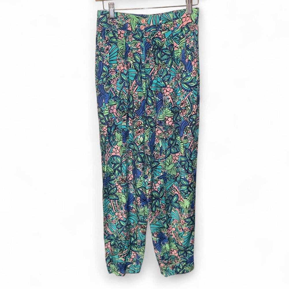 Vtg 80s 90s Susina Floral Geometric Print Pants Rayon Green Blue Maximalist S